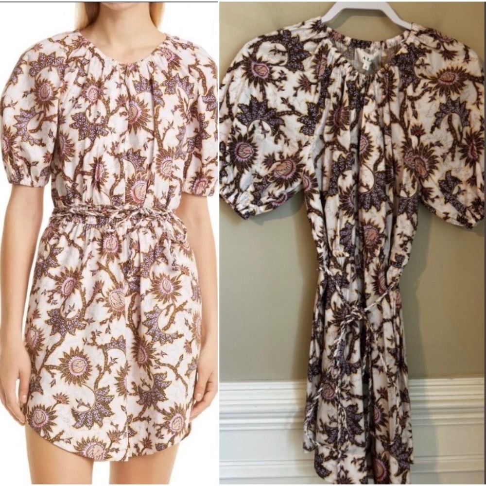 A.L.C. Adelaide Batik Floral Poplin Puff Sleeve Belted Mini Dress Size 10 $395